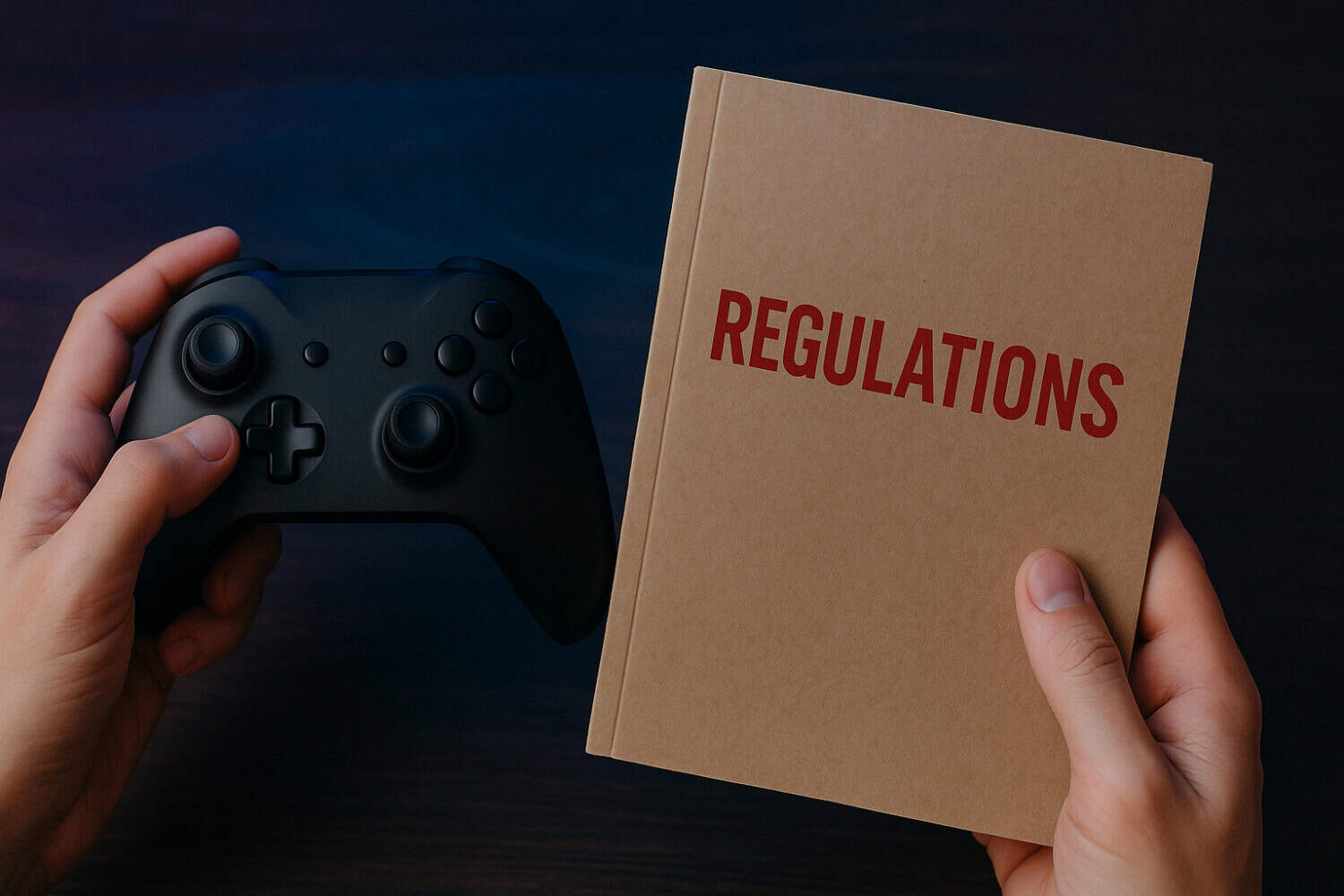 Black gaming controller held in left hand with regulation rules book in right hand, dark background, representing video game compliance and gaming regulations for Triolith Games.