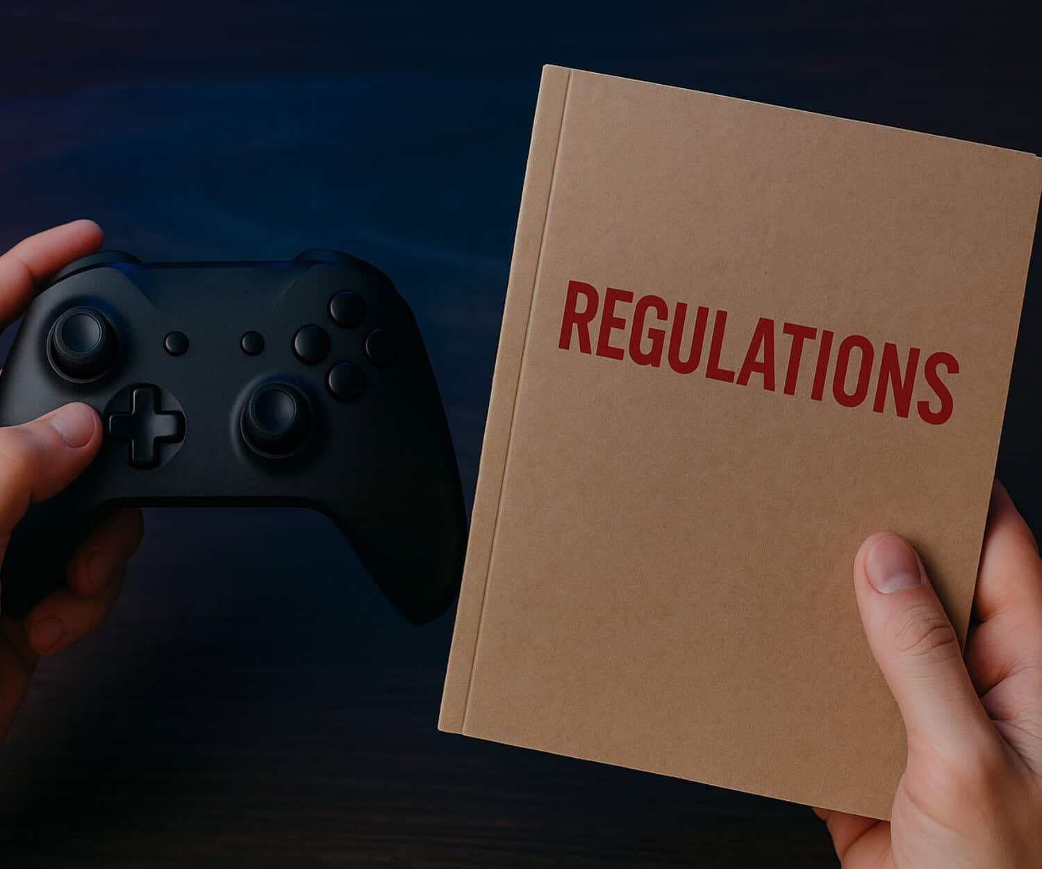 Black gaming controller held in left hand with regulation rules book in right hand, dark background, representing video game compliance and gaming regulations for Triolith Games.