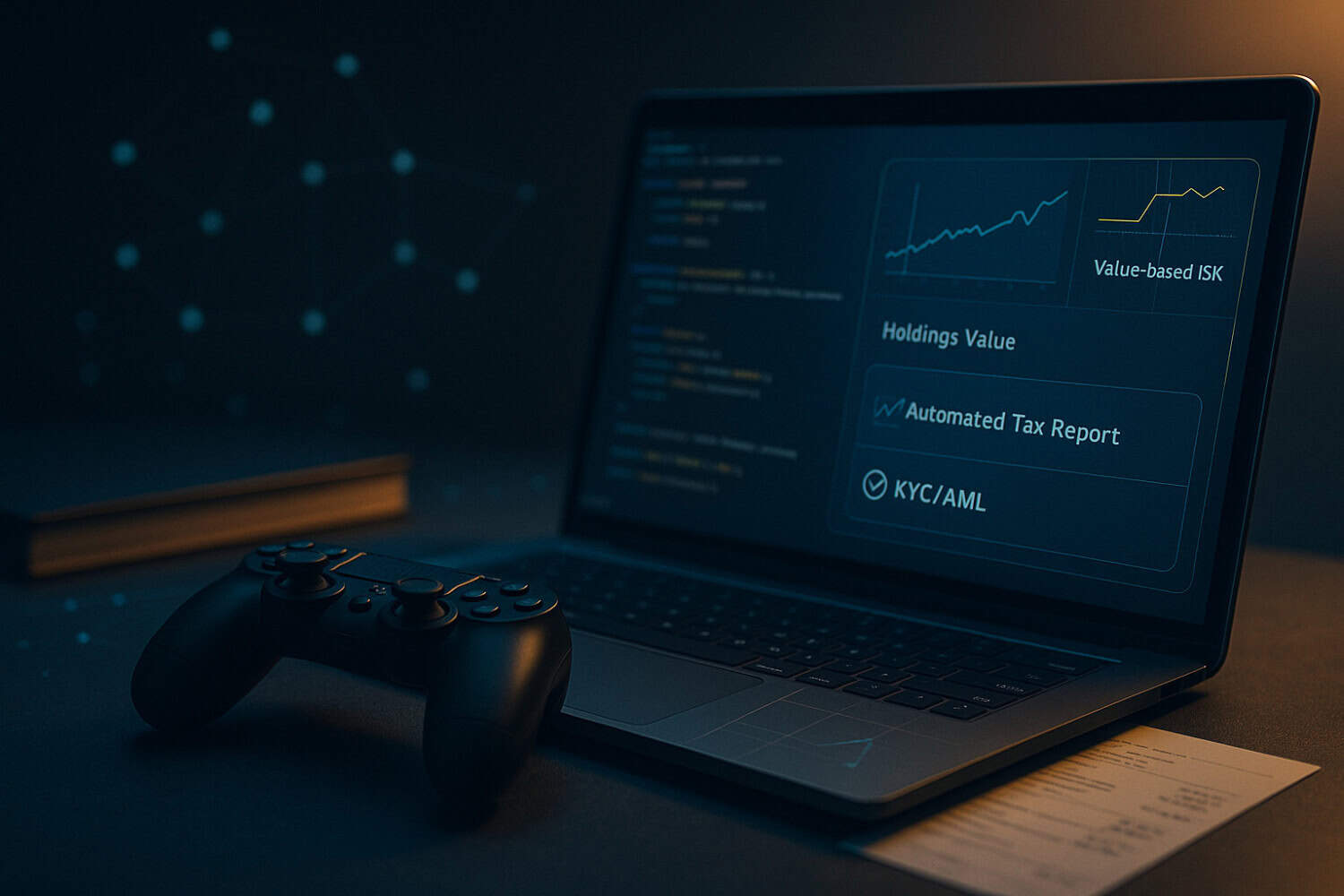 AI-powered financial analytics dashboard on a laptop with gaming controller, showcasing investment data, stock charts, and automated tax reports for effective asset management.