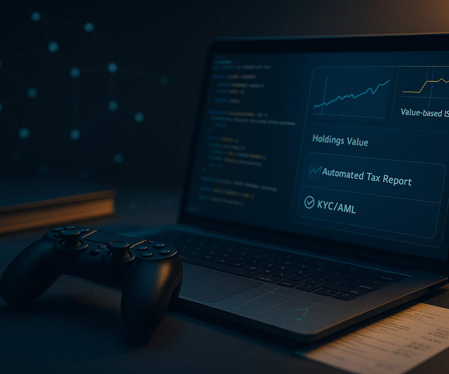 AI-powered financial analytics dashboard on a laptop with gaming controller, showcasing investment data, stock charts, and automated tax reports for effective asset management.