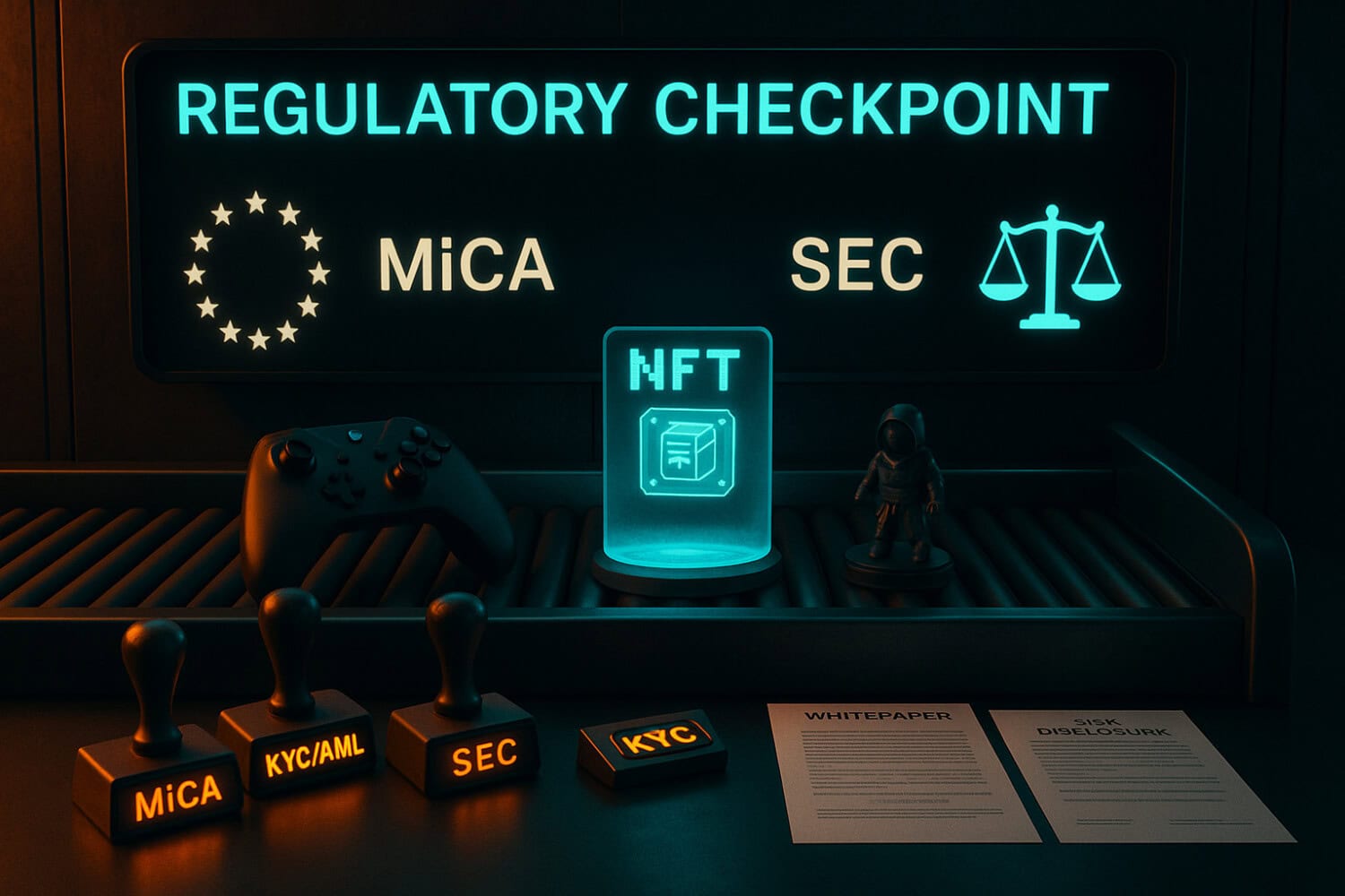 NFT digital art display with gaming controller, security symbols, and regulatory signs emphasizing blockchain gaming, digital assets, and NFT technology.