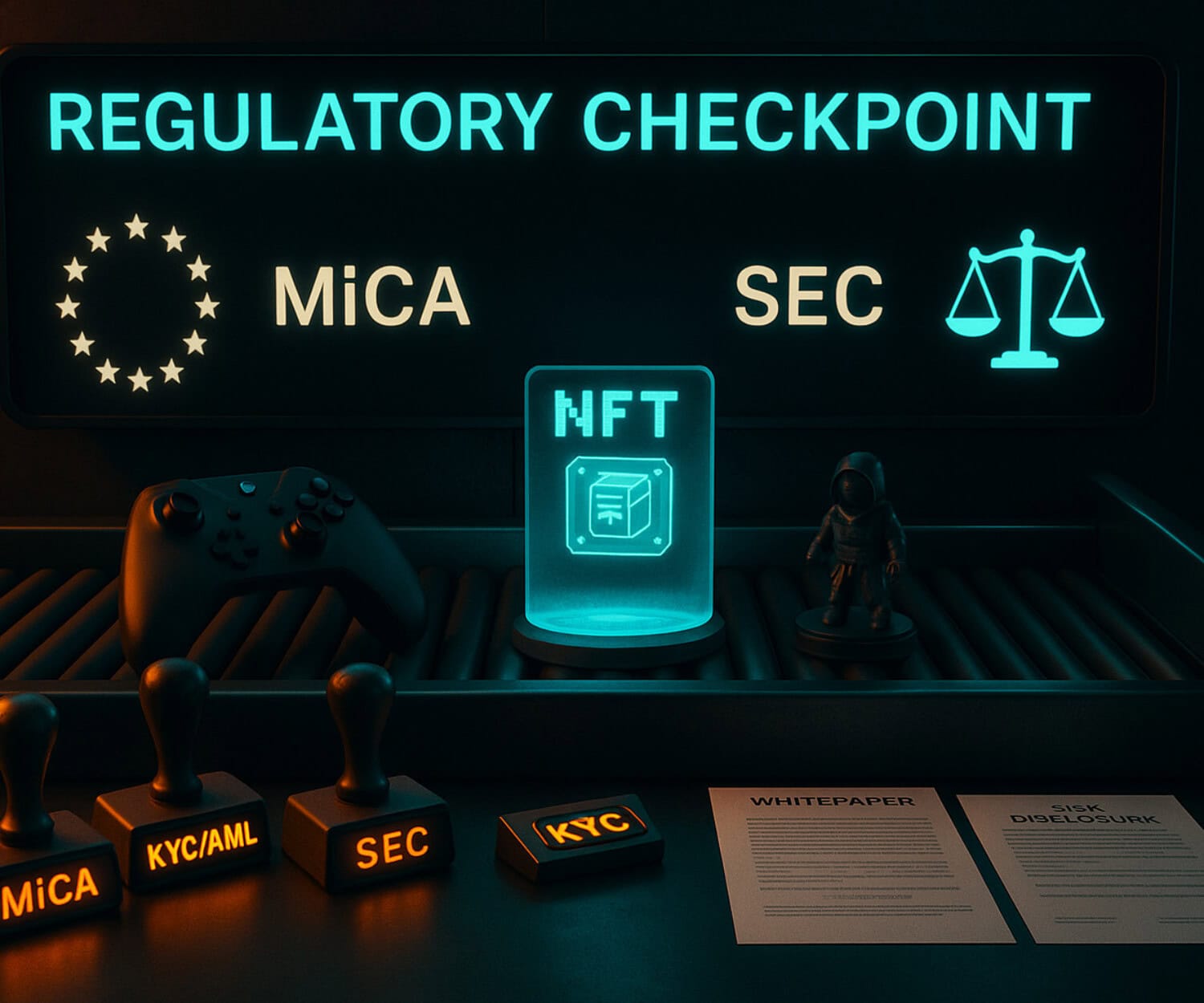 NFT digital art display with gaming controller, security symbols, and regulatory signs emphasizing blockchain gaming, digital assets, and NFT technology.