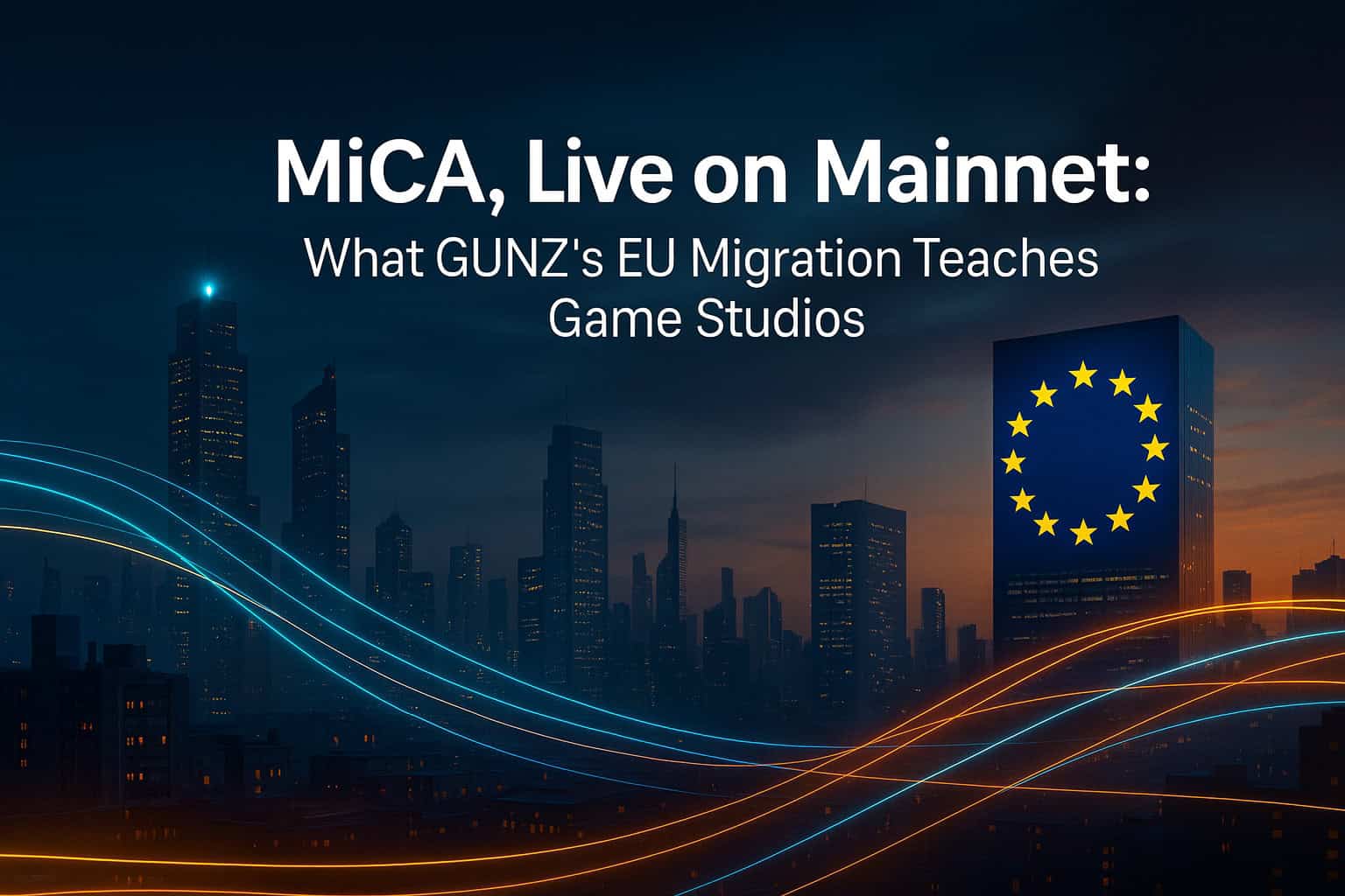 Netherlands-mainland-eu-european-union-city skyline with EU flag building at sunset, digital art for gaming industry and game development insights.