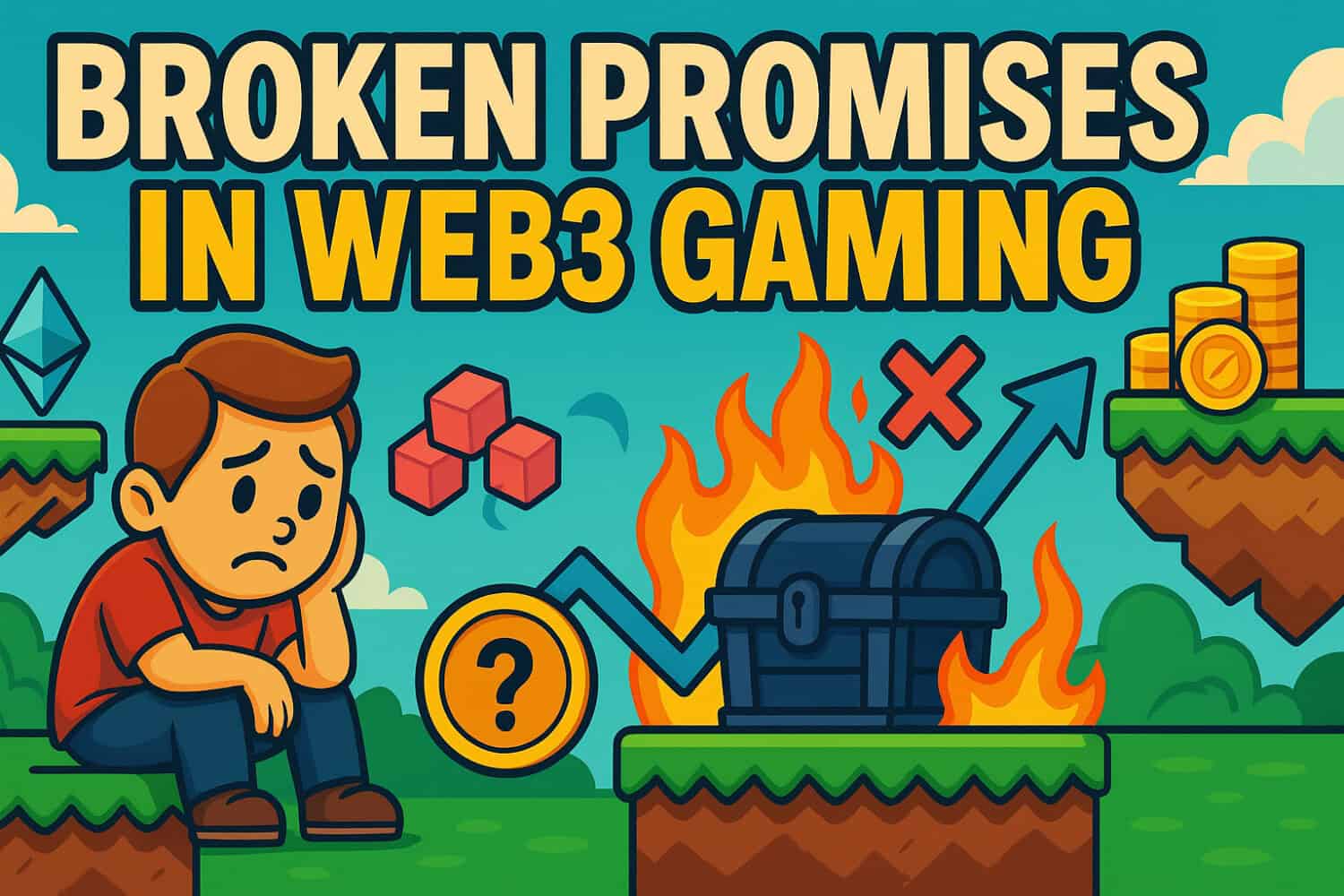 Broken promises in Web3 gaming, illustration of a sad gamer and blockchain elements, emphasizing challenges and issues in blockchain-based gaming industry.