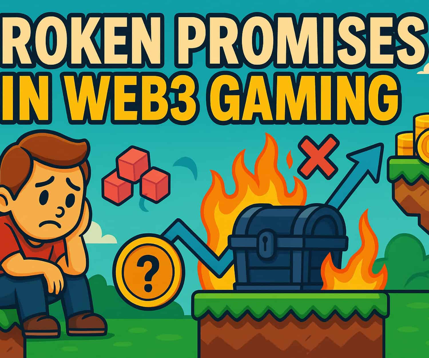 Broken promises in Web3 gaming, illustration of a sad gamer and blockchain elements, emphasizing challenges and issues in blockchain-based gaming industry.
