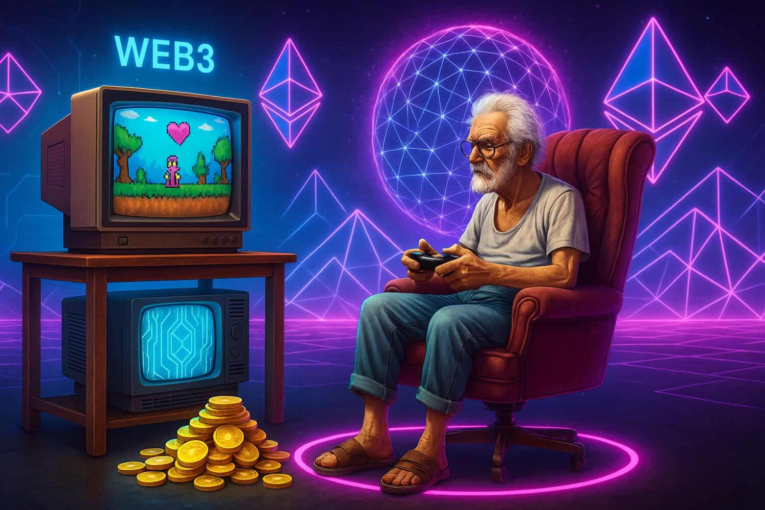 Retro gamer playing pixel art video game in a neon-lit digital world, symbolizing Web3 gaming innovation.