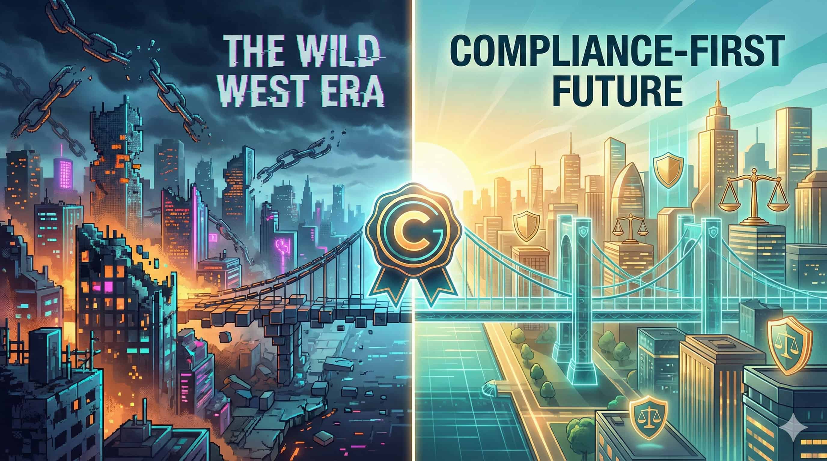 Futuristic city illustration showcasing a contrast between chaotic, dark urban environments and bright, organized digital infrastructure with cybersecurity symbols.