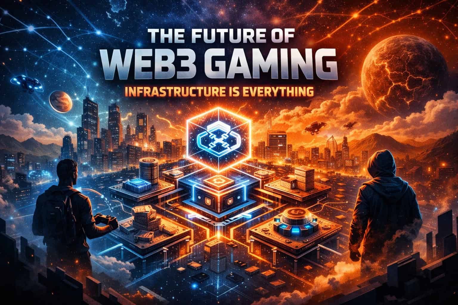Futuristic cityscape with digital neon graphics and space background emphasizing the future of web gaming and innovative infrastructure.