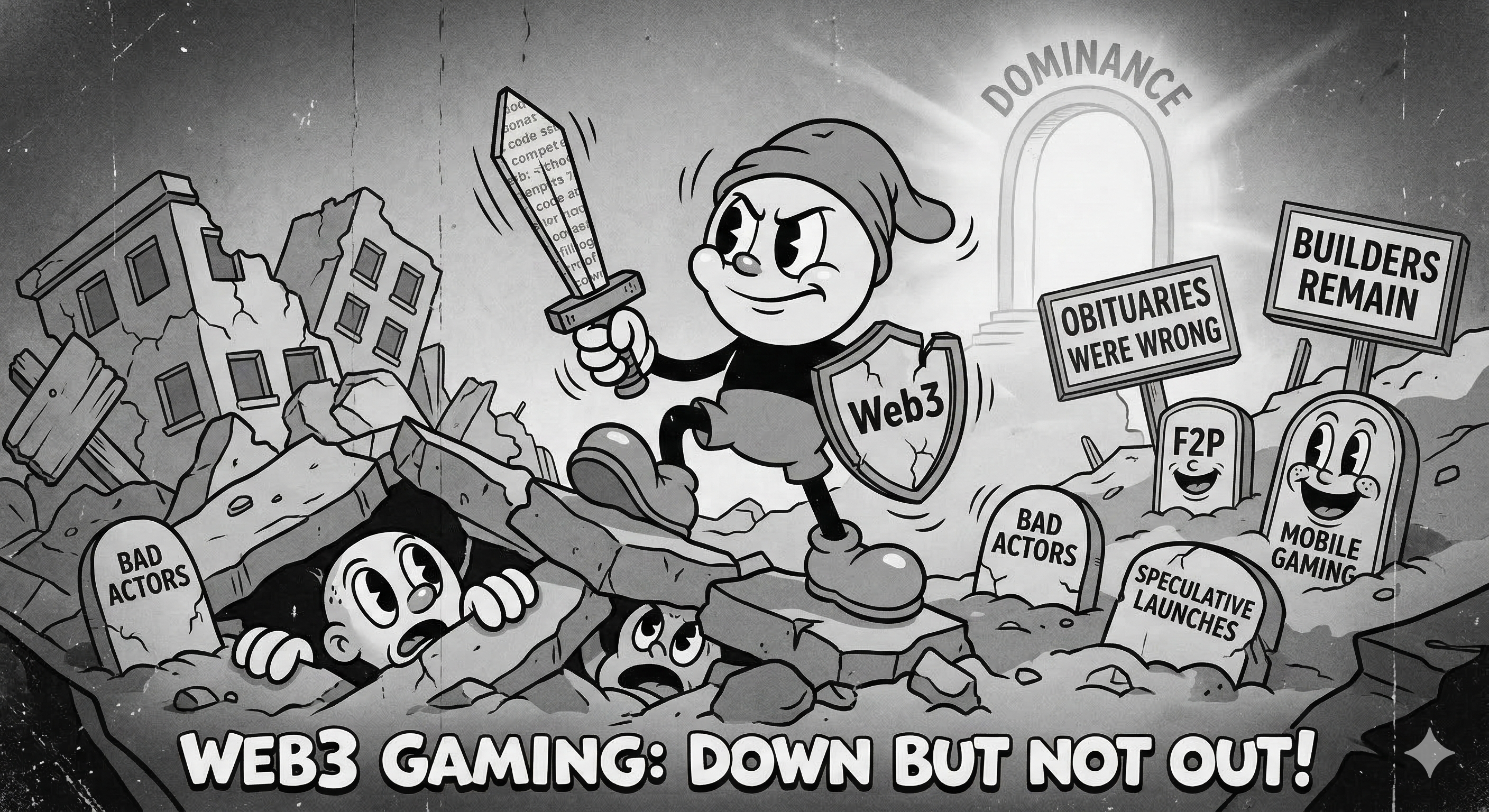 An illustration depicting Web3 gaming with a character holding a sword amidst ruins, symbolizing resilience in the blockchain gaming industry.